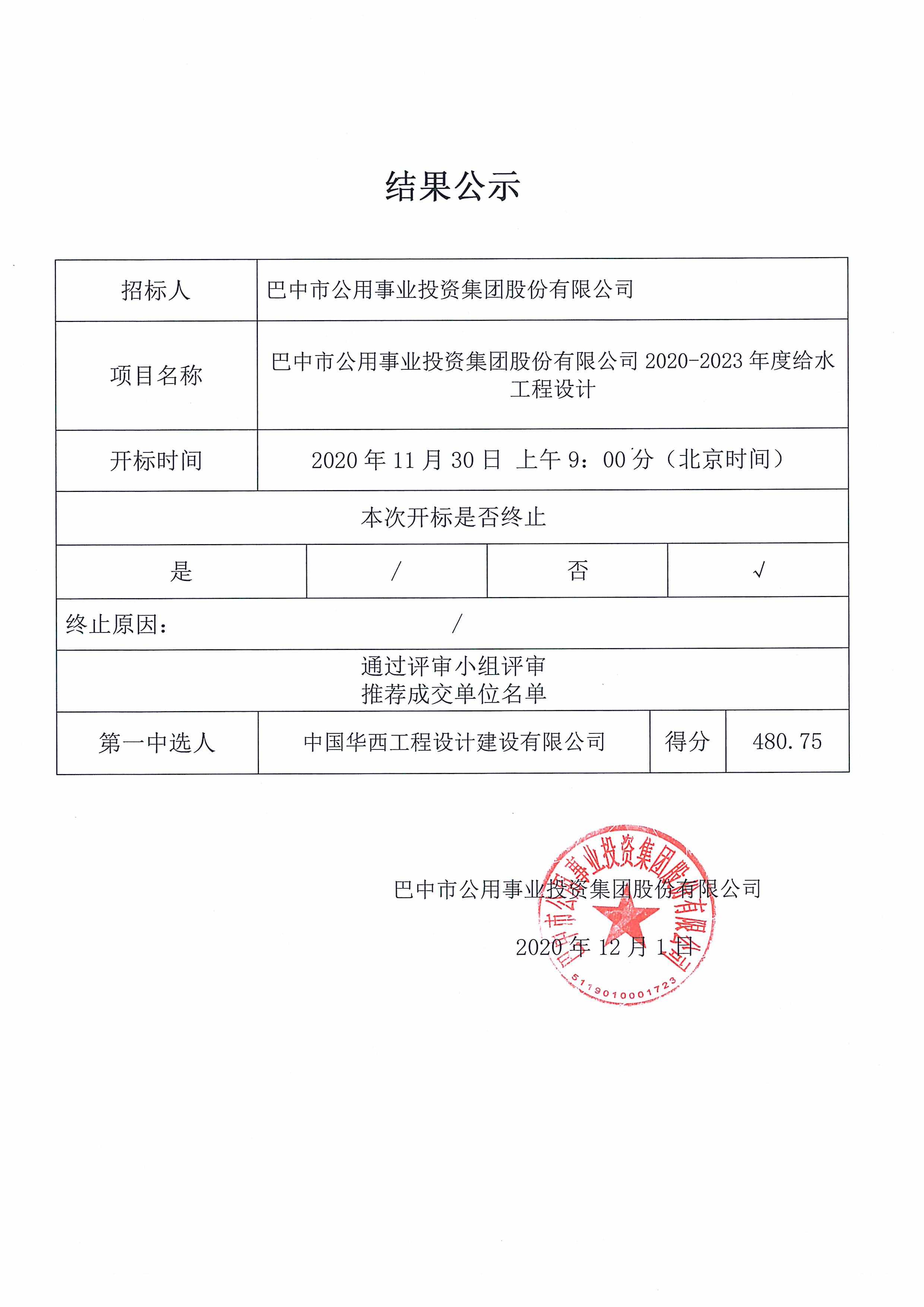供水招标结果公示2020120102